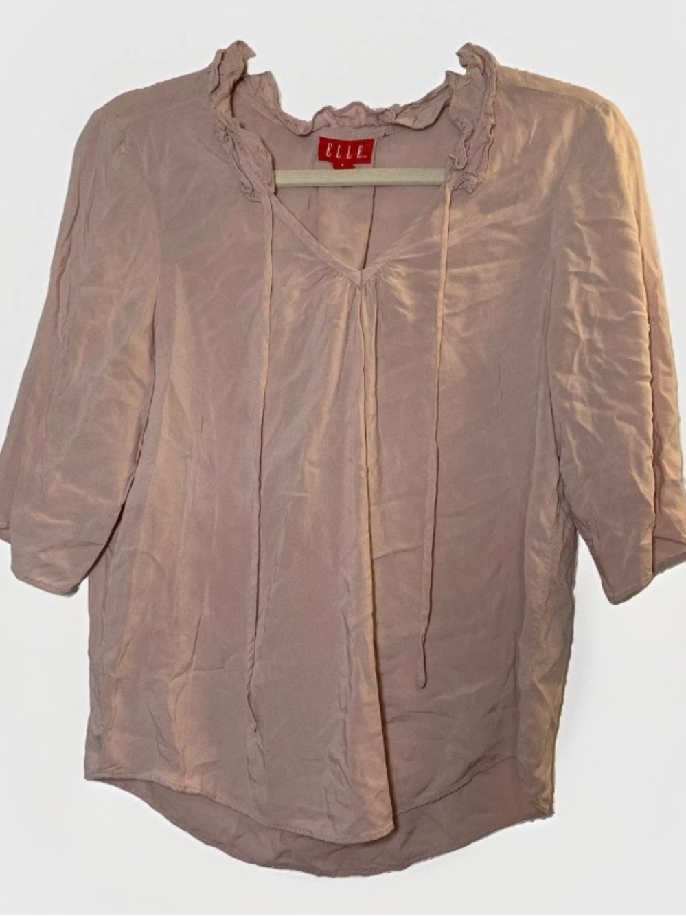 Elle Women’s Small Top Blouse Tie Ruffle Light Pink Blush 3/4 Sleeve Feminine